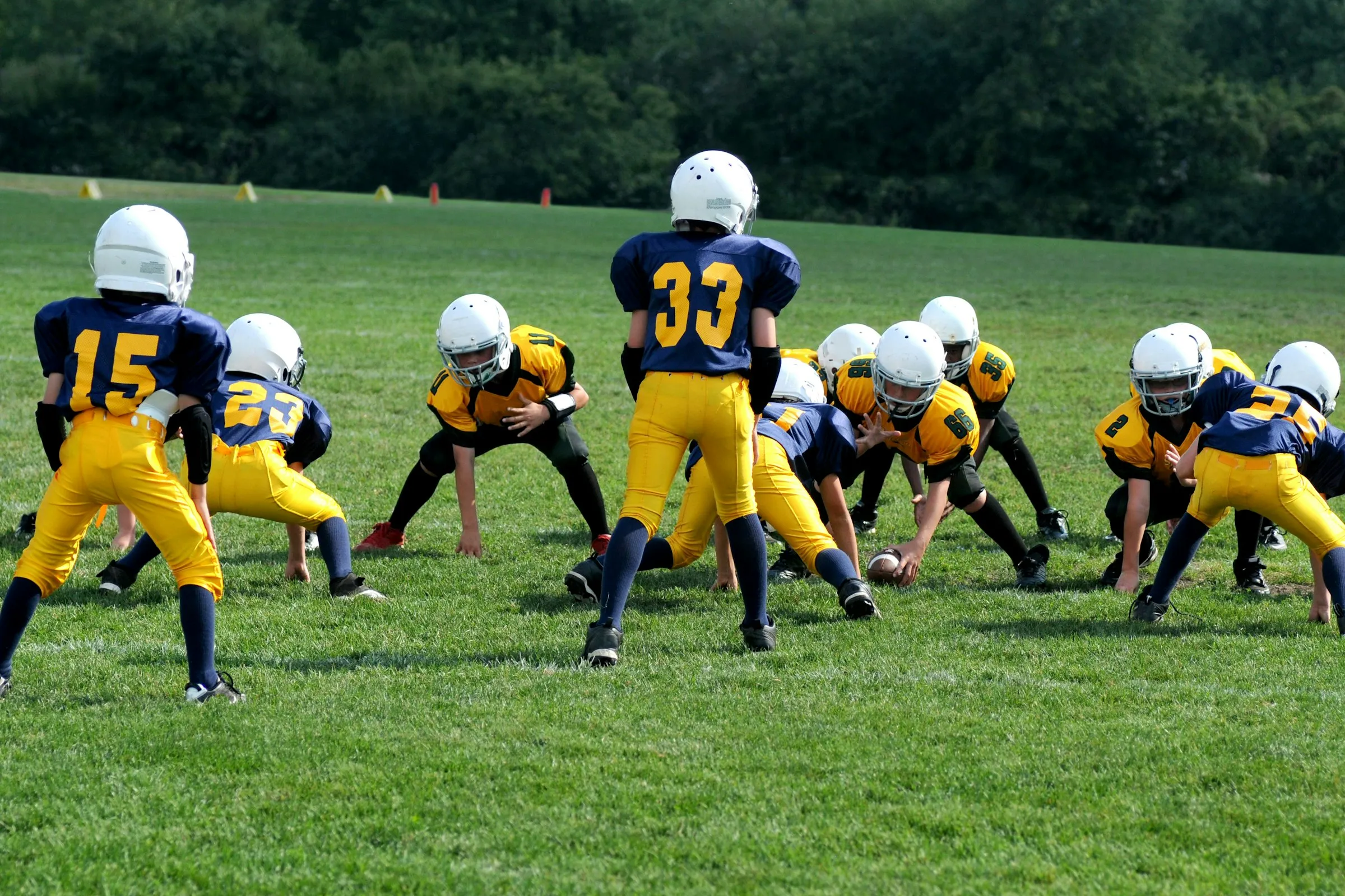 A youth football team at the line of scrimmage